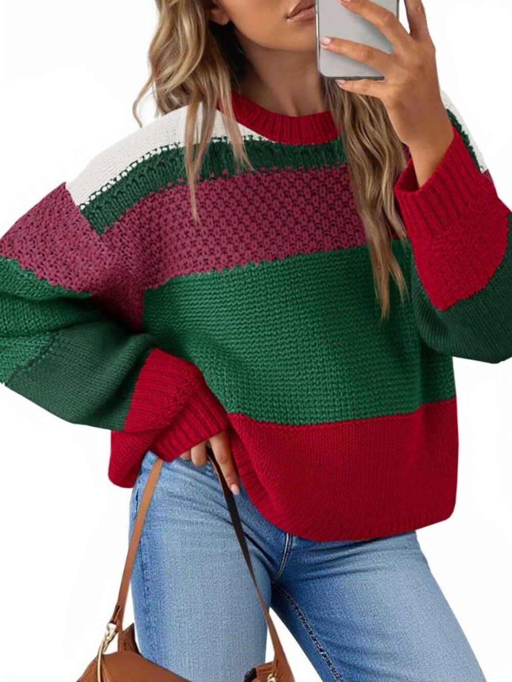 Womens Color Block Cropped Sweaters 2026 Winter Trendy Casual Oversized Y2k